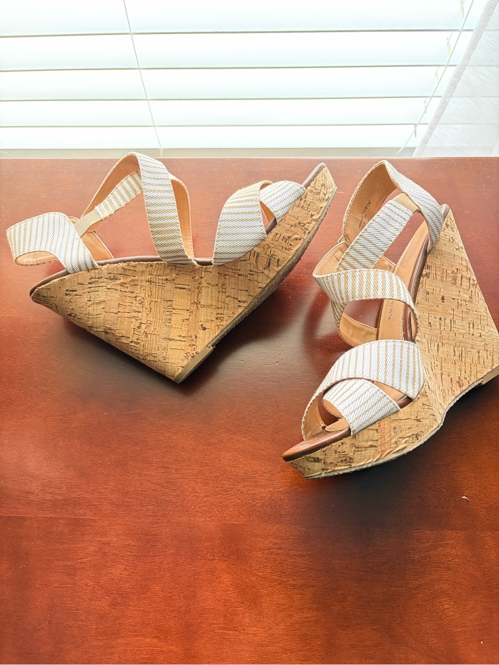 Chinese Laundry Cork Wedge Sandals - Ivory Striped Straps